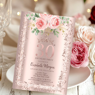 Roses,Rose Gold Glitter Frame Crown 30th Birthday Invitation