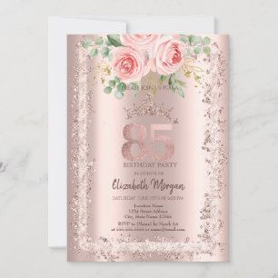 Roses,Rose Gold Glitter Frame Crown 85th Birthday Invitation
