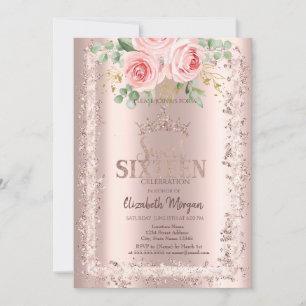 Roses,Rose Gold Glitter Frame Crown Sweet 16 Invitation