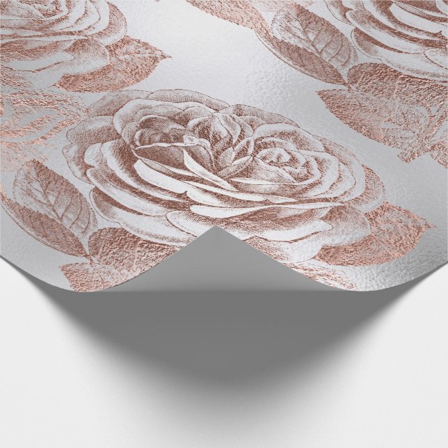 Roses Rose Gold Pastel Metallic Floral Silver Grey Wrapping Paper (Corner)