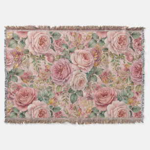 Roses Rustic Charm Dusty Rose Sage Green Gold Throw Blanket