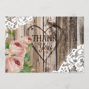 Roses Rustic Wood Lace and Heart Thank You Card