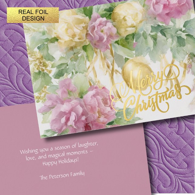 Roses Satin Ribbon Evergreen Mauve Cream Christmas Foil Holiday Card (Creator Uploaded)