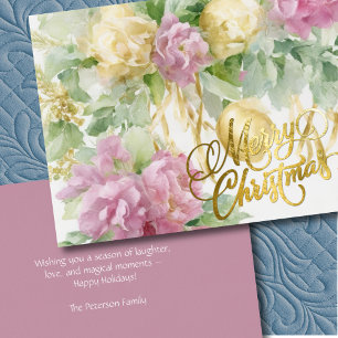 Roses Satin Ribbon Evergreen Mauve Cream Christmas Holiday Card