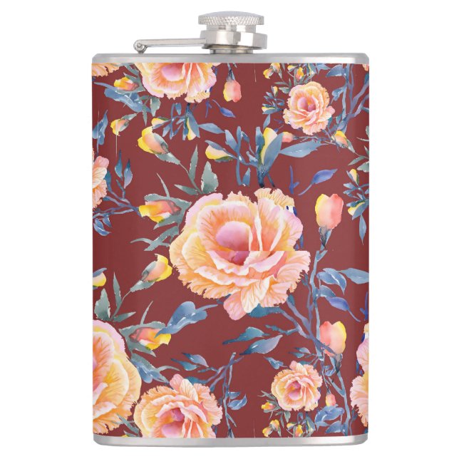 Roses, seamless, red background pattern hip flask (Front)