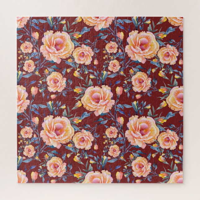 Roses, seamless, red background pattern jigsaw puzzle (Vertical)