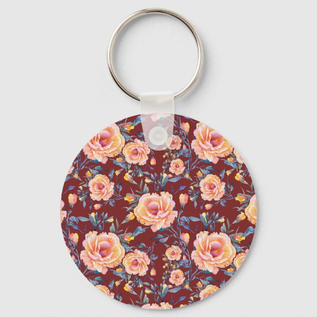 Roses, seamless, red background pattern key ring (Front)