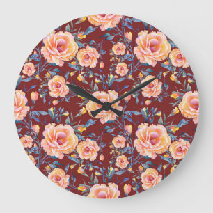 Roses, seamless, red background pattern large clock