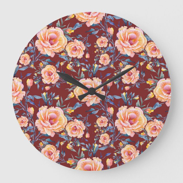 Roses, seamless, red background pattern large clock (Front)