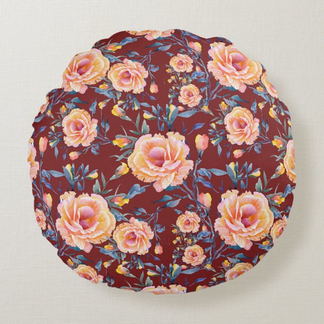Roses, seamless, red background pattern round cushion (Front)