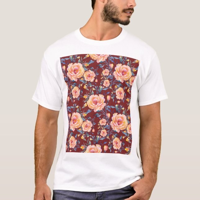 Roses, seamless, red background pattern T-Shirt (Front)