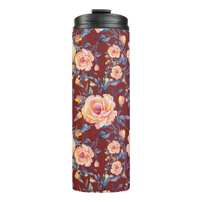 Roses, seamless, red background pattern thermal tumbler (Front)