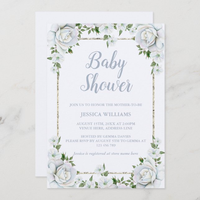 Roses & Silver Glitter  Border Floral Baby Shower Invitation (Front/Back)