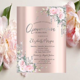 Roses,Silver Glitter Drips Rose Gold Quinceañera Invitation