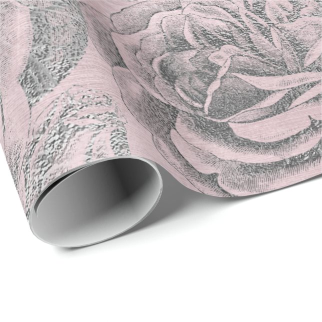 Roses Silver Grey Floral Pink Rose Pastel Velvet Wrapping Paper (Roll Corner)
