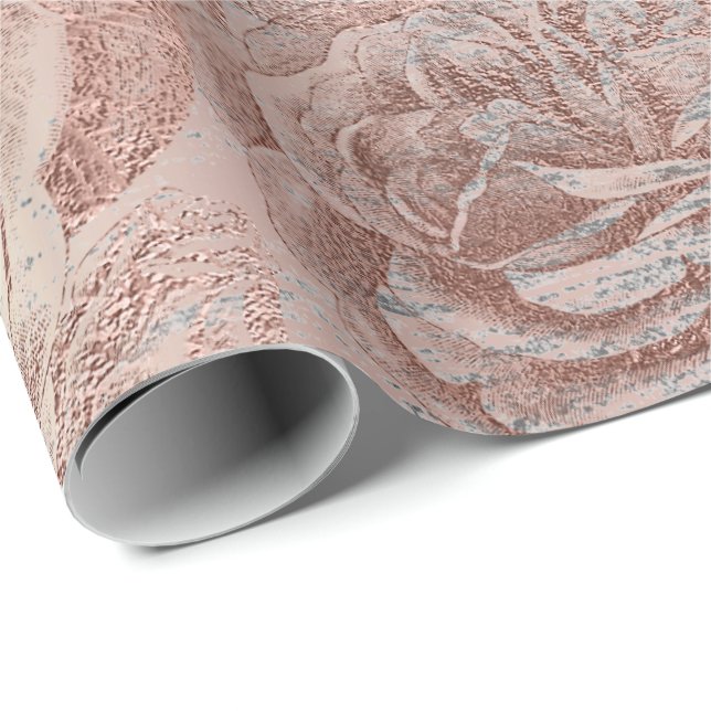 Roses Silver Grey Floral Rose Gold Blush Pink Wrapping Paper (Roll Corner)