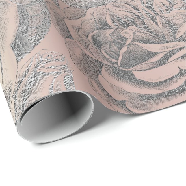 Roses Silver Grey Floral Rose Gold Blush Pink Wrapping Paper (Roll Corner)