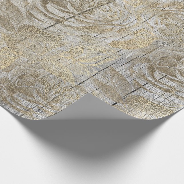 Roses Silver Grey Floral Wood Foxier Gold Rustic Wrapping Paper (Corner)