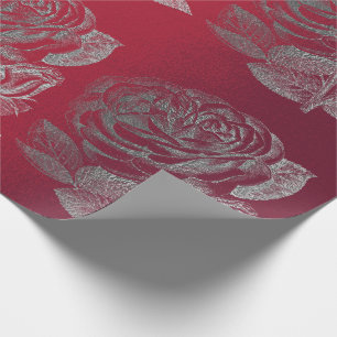 Roses Silver Grey Metallic Floral Red Wine Chic Wrapping Paper