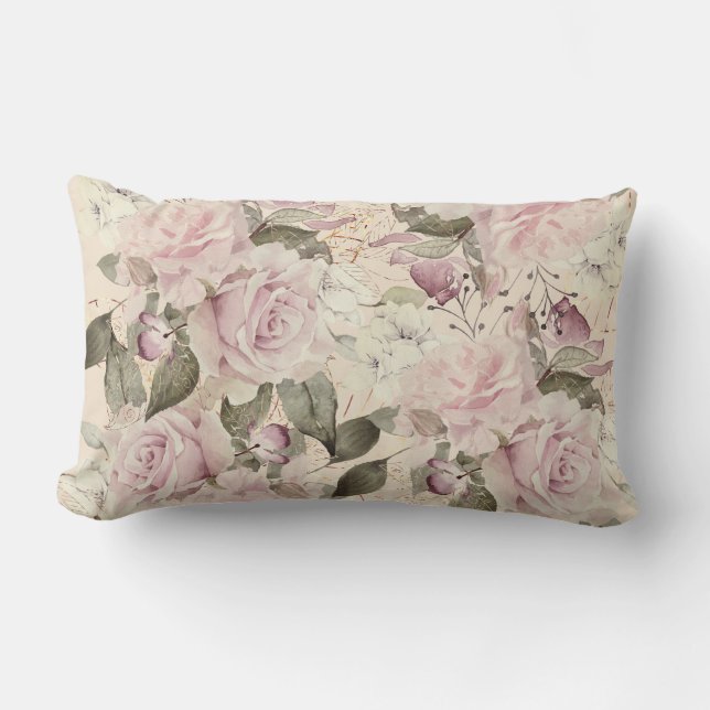 Roses Soft Pink and Cream Gold Leaf Lumbar Cushion (Front)