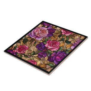 Roses Stained Glass Trendy Elegant Collection Ceramic Tile