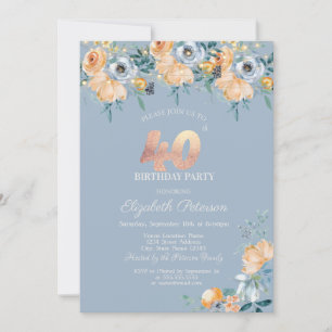 Roses String Lights Dusty Blue 40th Birthday Invitation