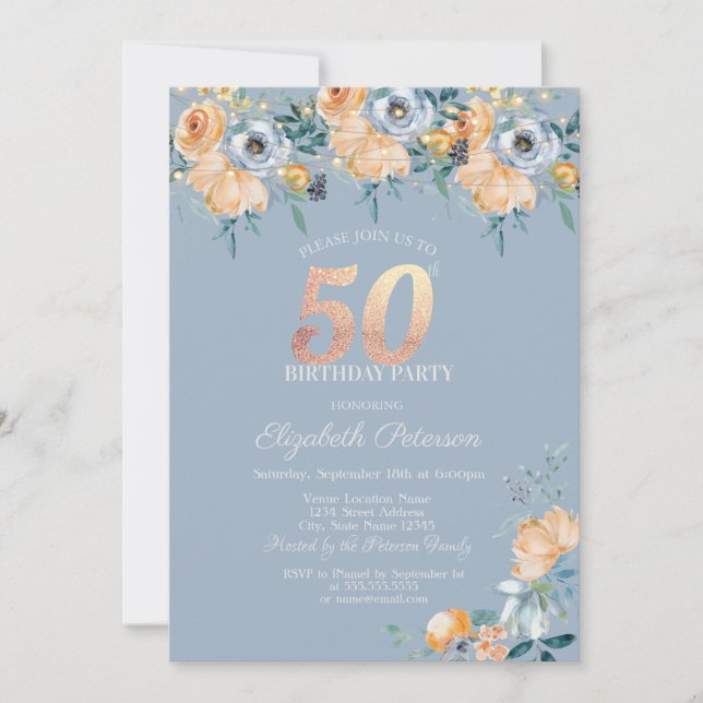  Roses String Lights Dusty Blue 50th Birthday Invitation (Front)
