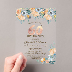  Roses String Lights Dusty Blue 60th Birthday Acrylic Invitations