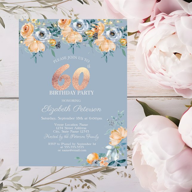  Roses String Lights Dusty Blue 60th Birthday Invitation (Creator Uploaded)
