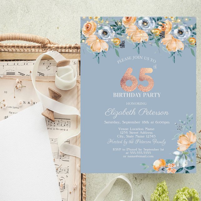  Roses String Lights Dusty Blue 65th Birthday Invitation (Creator Uploaded)