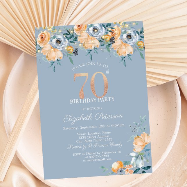 Roses String Lights Dusty Blue 70th Birthday Invitation (Creator Uploaded)