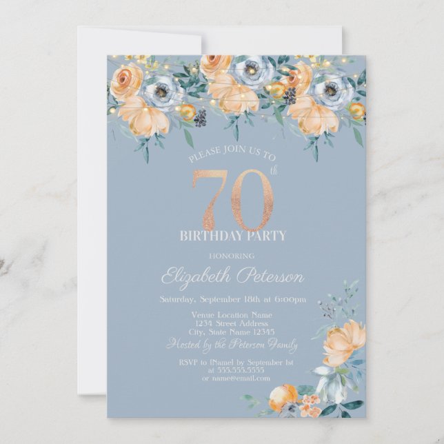  Roses String Lights Dusty Blue 70th Birthday Invitation (Front)
