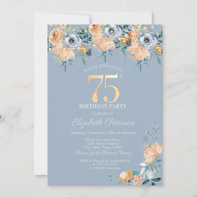  Roses String Lights Dusty Blue 75th Birthday Invitation (Front)