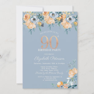 Roses String Lights Dusty Blue 90th Birthday Invitation