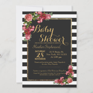 Roses Stripes and Gold Baby Shower Invitations