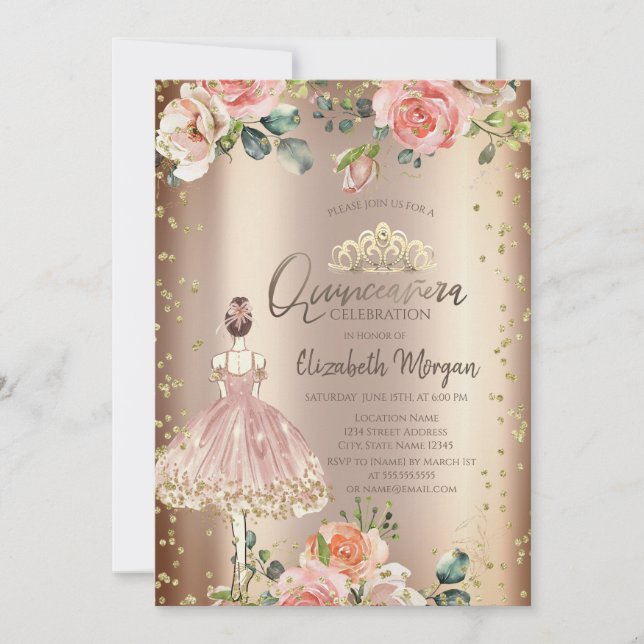 Roses Stylish Girl,Diamonds Cooper Quinceañera Invitation (Front)