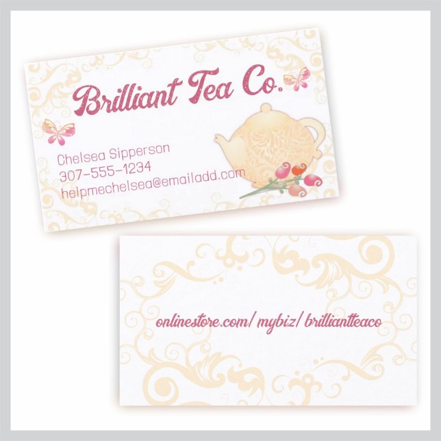 Roses teapot flowers butterflies hand blended teas business card (Creator Uploaded)