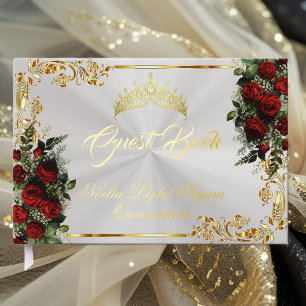 Roses, Tiara & Gold Leaves - Pearl White Guest Book