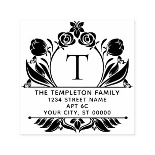 Roses & Tulips Border Frame Name Initial Address Self-inking Stamp