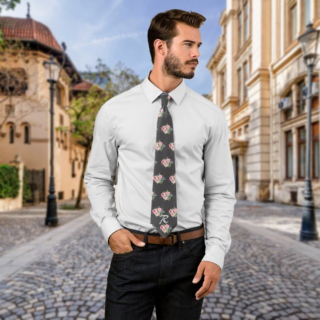 Roses Vintage Charcoal Personalise Initial Tie (Creator Uploaded)