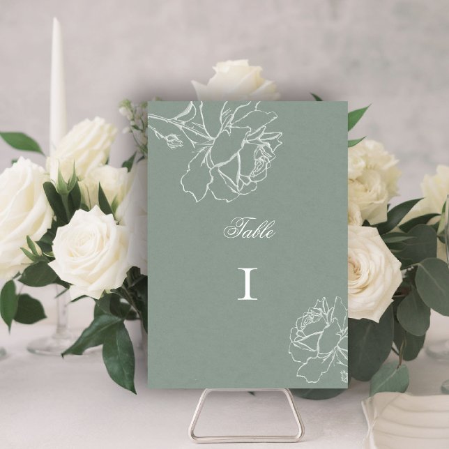 Roses Vow Sage Green Modern Classic Formal Wedding Table Number (sage green wedding theme table number modern classic white roses floral frame formal traditional)