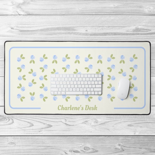 Roses Watercolor - Alicia's Blue Desk Mat (Alicia's Blue Watercolor Cottage Rose Garden - by OfficeAccessories)