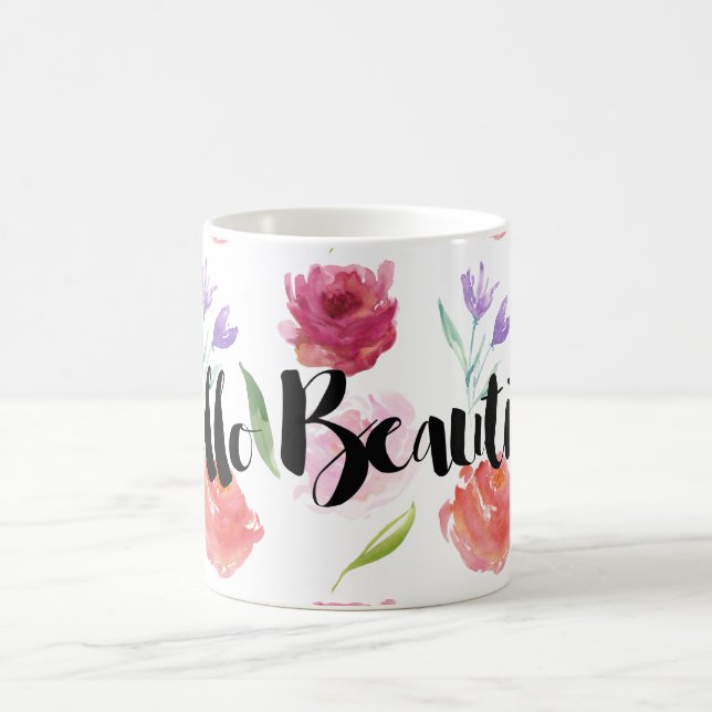 Roses Watercolor Floral Hello Beautiful Coffee Mug (Center)