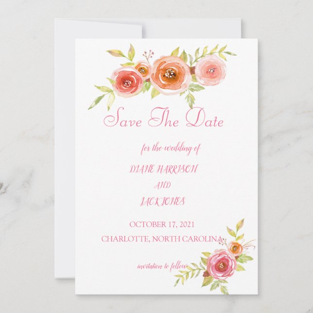 Roses Watercolor Floral Wedding Save The Date Invitation (Front)