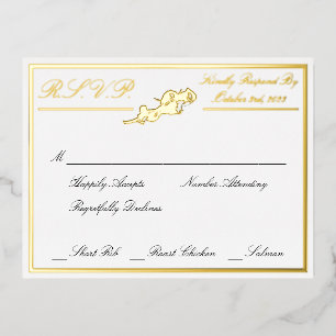 Roses, White Wedding RSVP Gold Foil Invitation Postcard