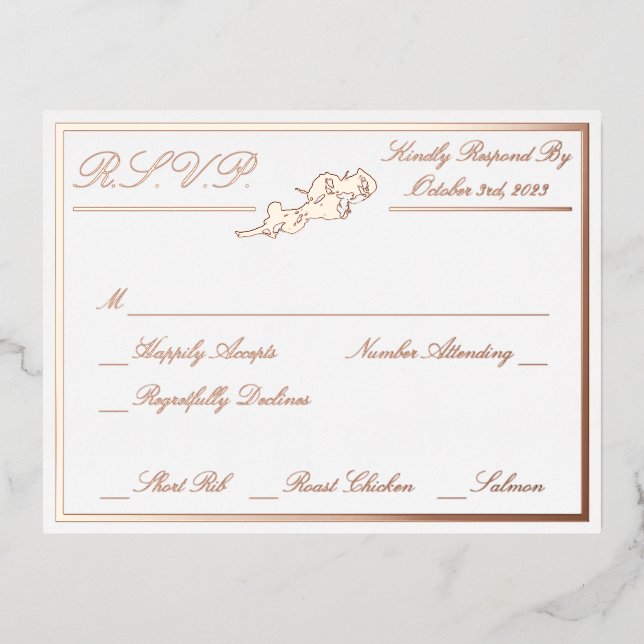 Roses, White Wedding RSVP Rose Gold Full Foil Invitation Postcard (Front)