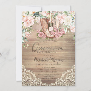 Roses Wine Boots Lace Quinceanera Invitation