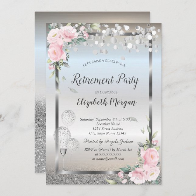 Roses Wine Glass Balloons Glitter Retirement  Invitation (Front/Back)