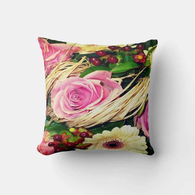 Roses with Daisies and Berries Throw Pillow (Front)