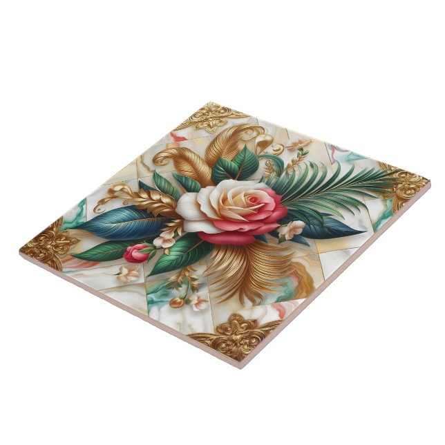 Roses With Gold Leaves on Marble Ceramic Tile (Side)